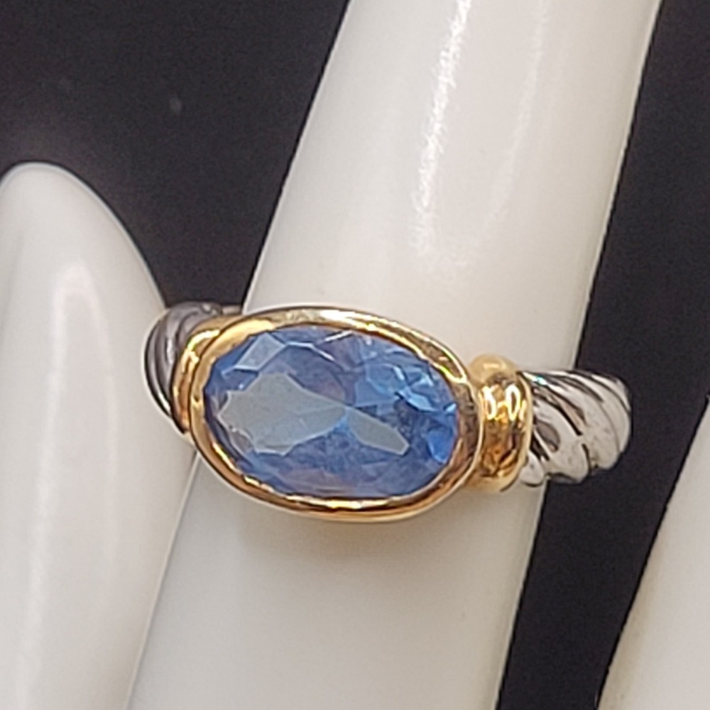 Two Tone Silver And Gold Tone MCM Style Blue Glass Rhinestone Ring Size 8